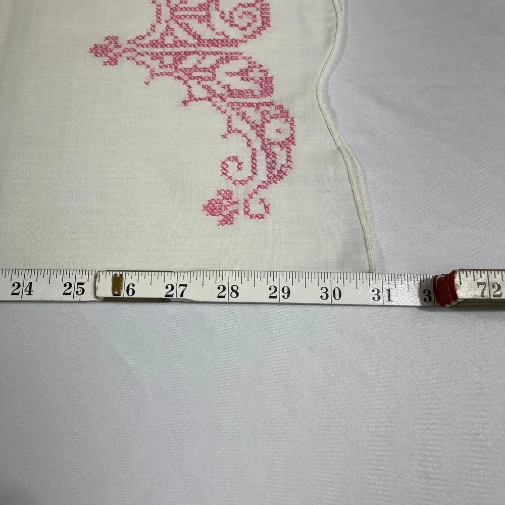 Vintage Cross Stitch Pillowcases White Cotton Pink Scalloped Edge Cottagecore 2p